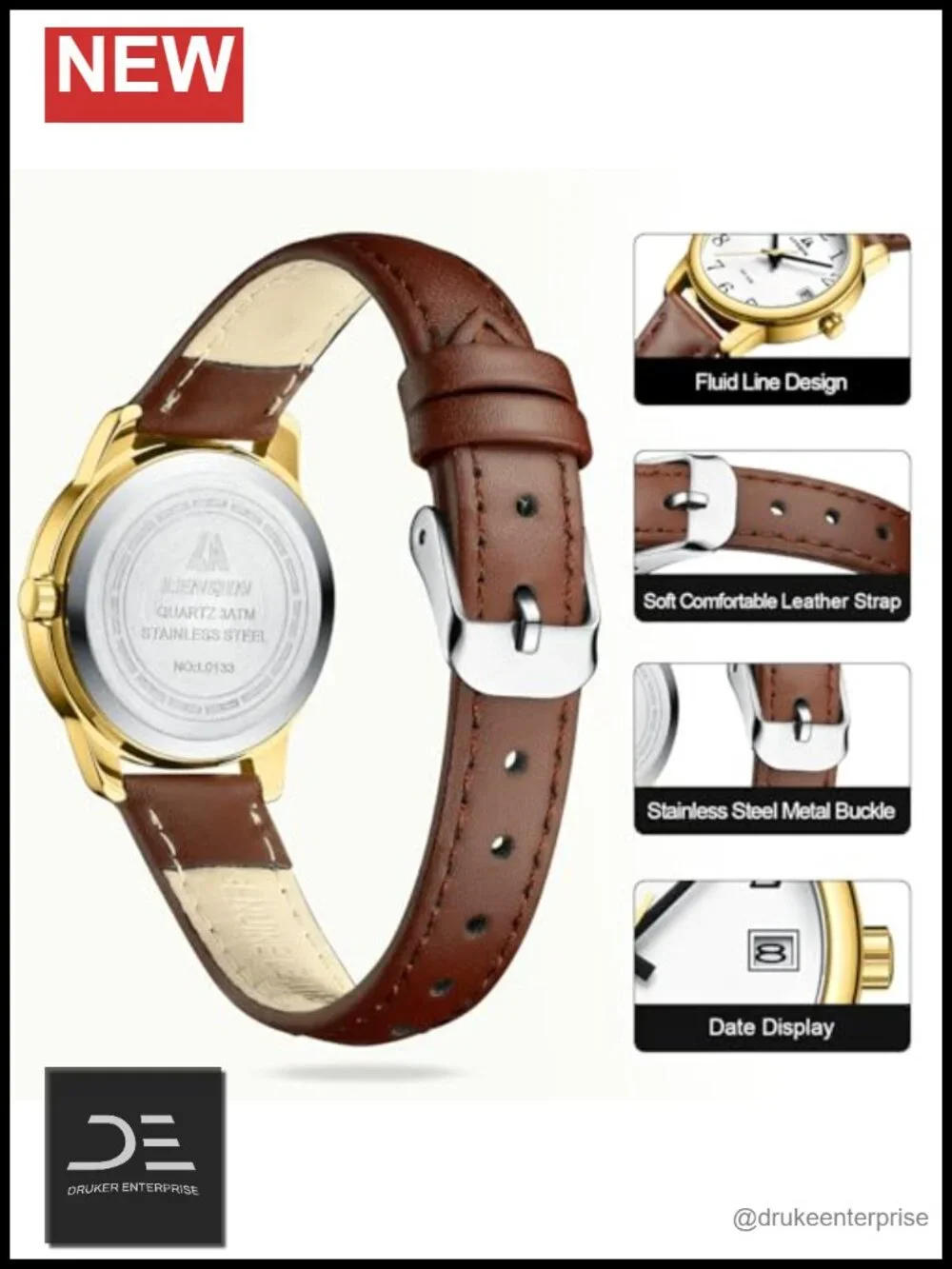 Women's Analog Quartz Wrist Watch with Leather Band, 30mm Case, 3ATM Water